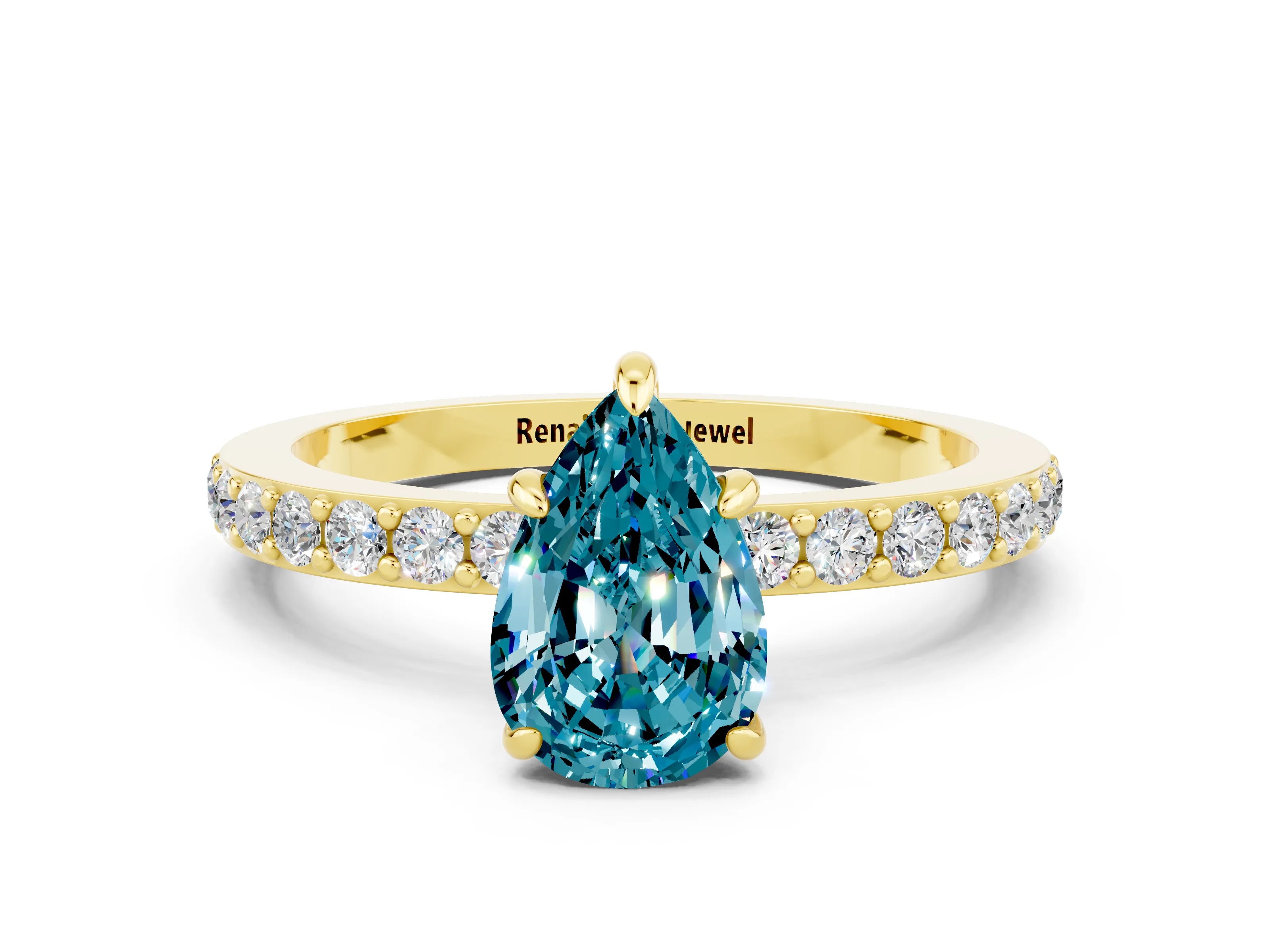 Yellow gold Pear Cut Blue Topaz Solitaire Engagement Ring with Pavé Band and Four-Prong Setting
