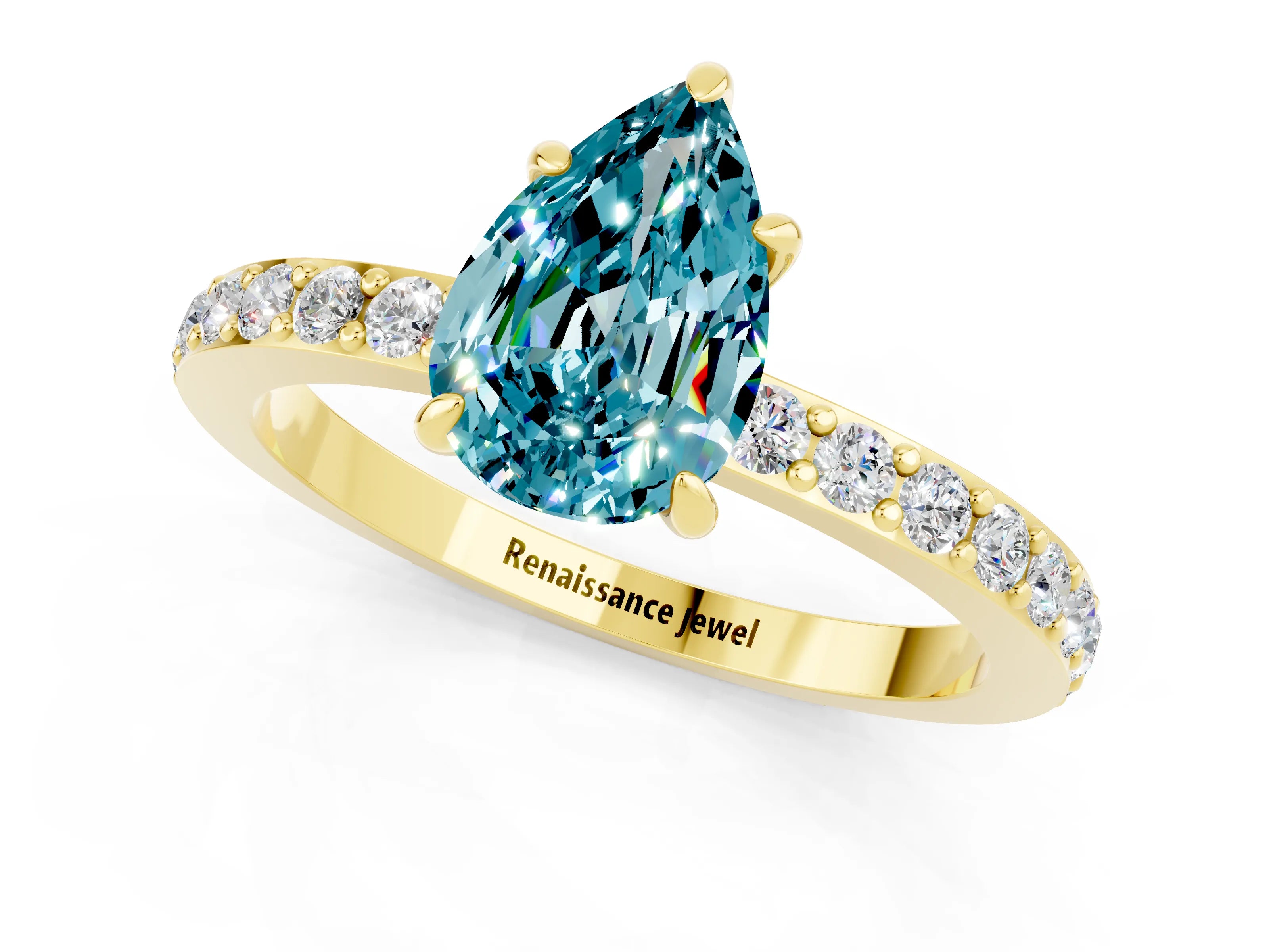 Yellow gold Pear Cut Blue Topaz Solitaire Engagement Ring with Pavé Band and Four-Prong Setting_1