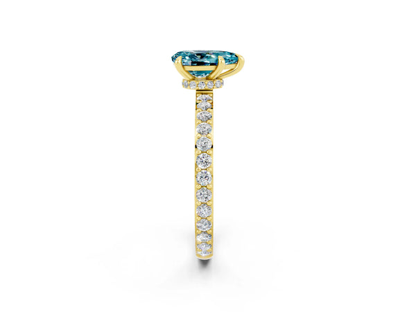 Yellow gold Pear Cut Blue Topaz Solitaire Engagement Ring with Pavé Band and Four-Prong Setting