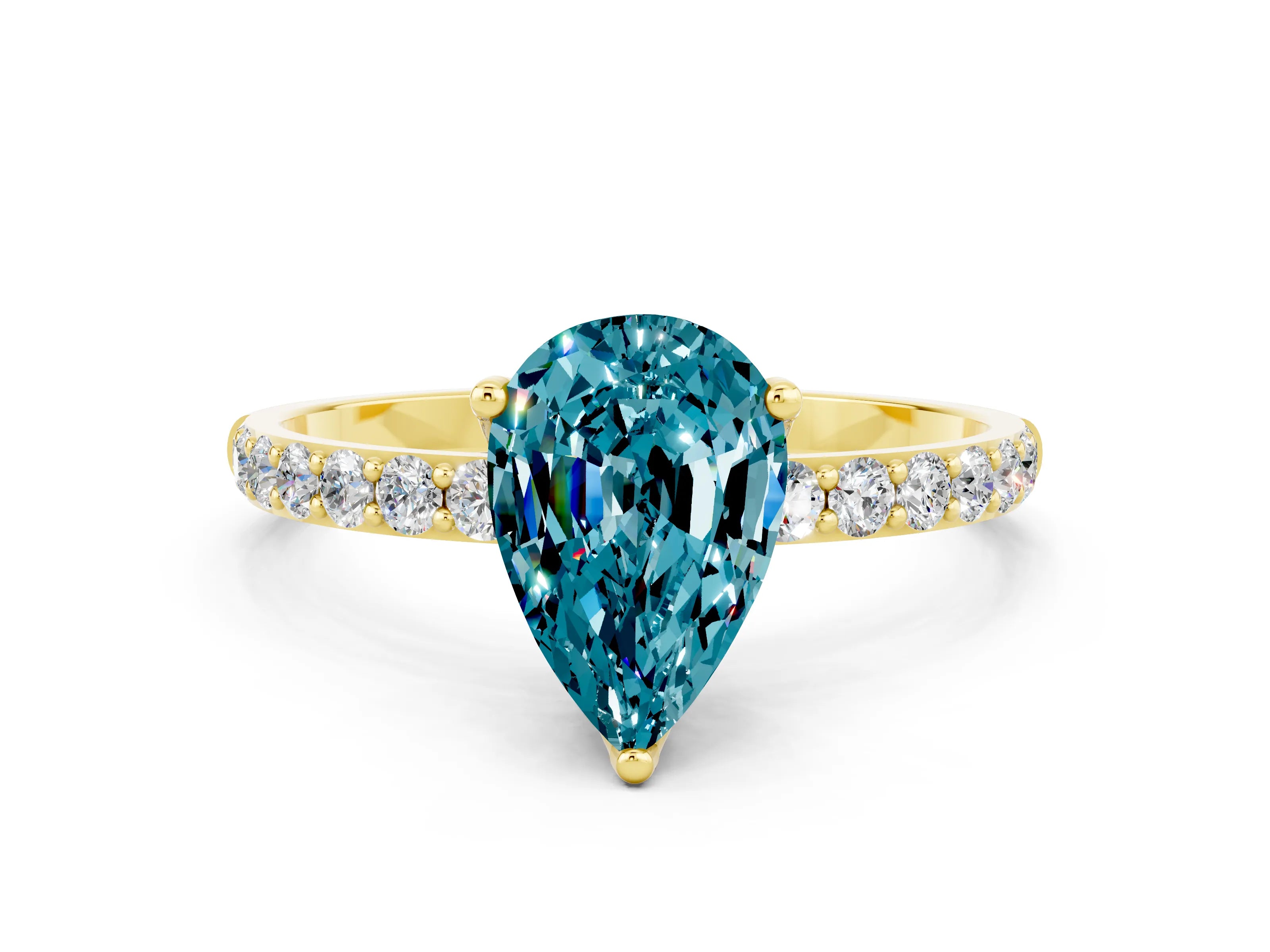 Yellow gold Pear Cut Blue Topaz Solitaire Engagement Ring with Pavé Band and Prong Setting