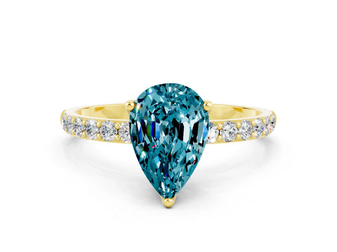 Yellow gold Pear Cut Blue Topaz Solitaire Engagement Ring with Pavé Band and Prong Setting