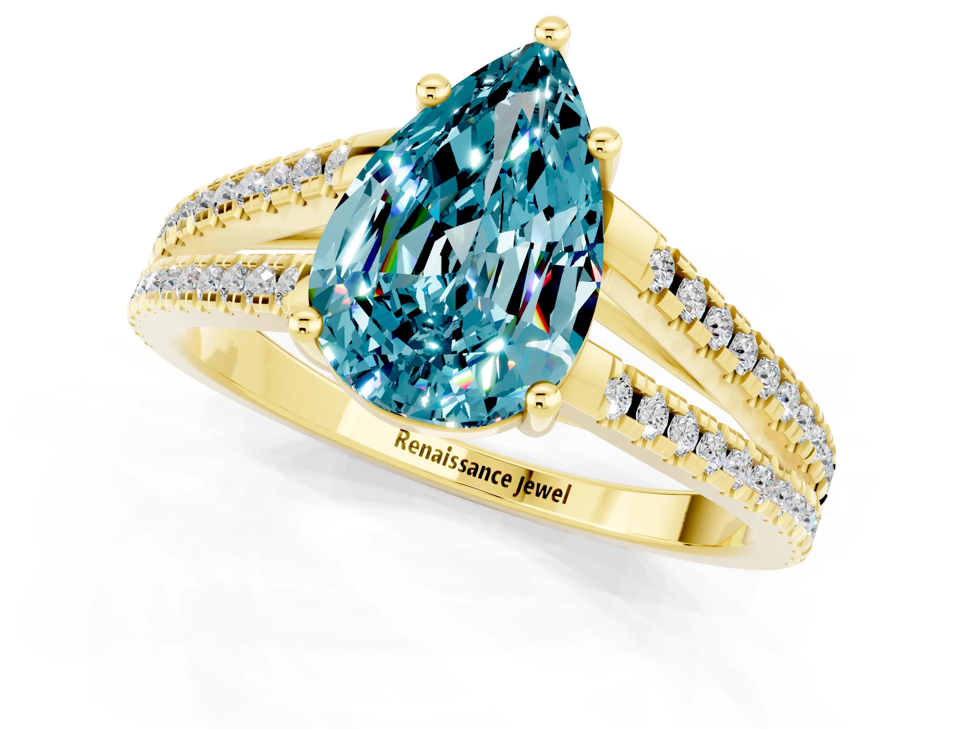 Yellow gold Pear Cut Blue Topaz Solitaire Engagement Ring with Split Shank Pavé Band_1