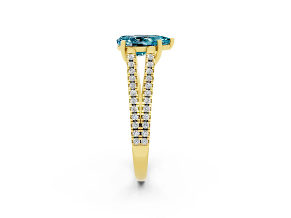 Yellow gold Pear Cut Blue Topaz Solitaire Engagement Ring with Split Shank Pavé Band