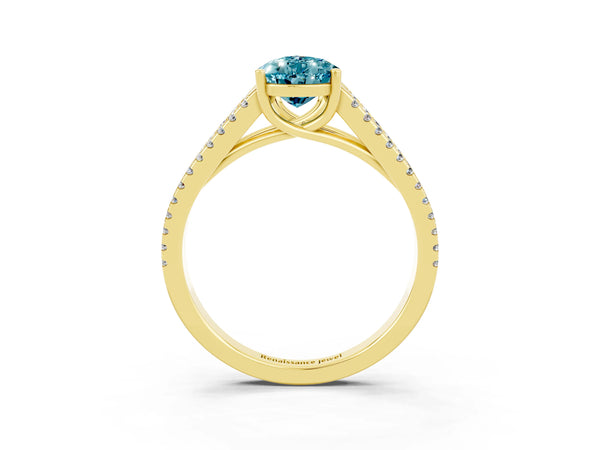 Yellow gold Pear Cut Blue Topaz Solitaire Engagement Ring with Split Shank Pavé Band