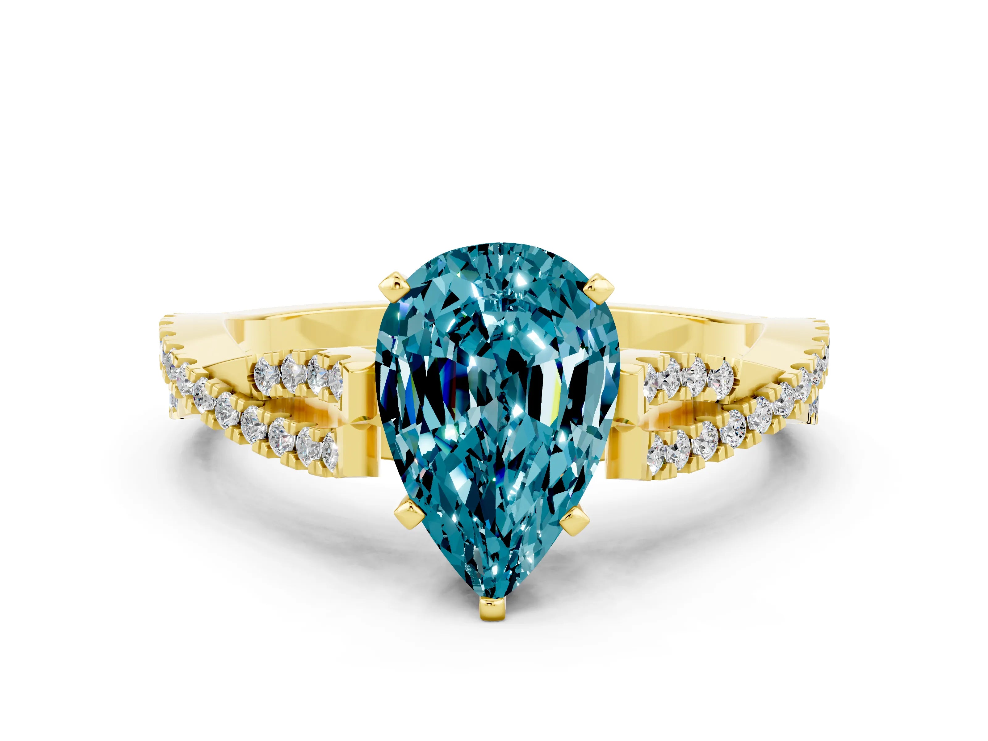 Yellow gold Pear Cut Blue Topaz Solitaire Engagement Ring with Twisted Pavé Band and Four-Prong Setting