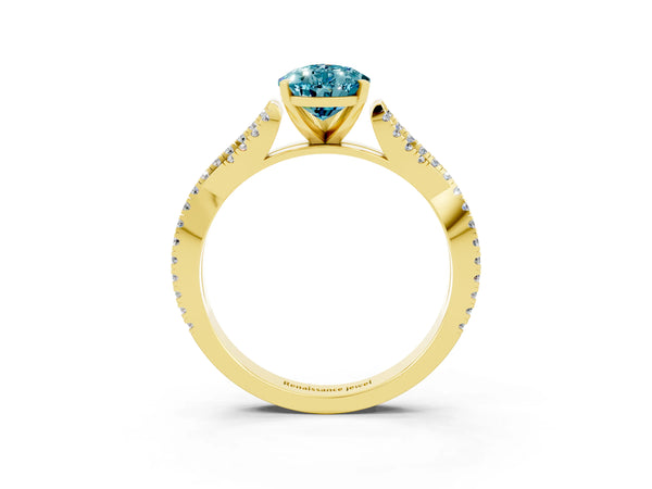 Yellow gold Pear Cut Blue Topaz Solitaire Engagement Ring with Twisted Pavé Band and Four-Prong Setting