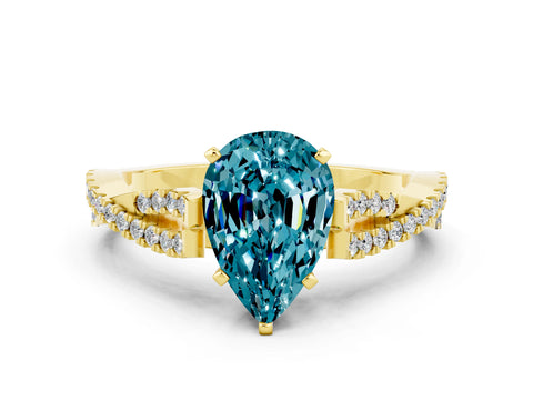Yellow gold Pear Cut Blue Topaz Solitaire Engagement Ring with Twisted Pavé Band and Four-Prong Setting