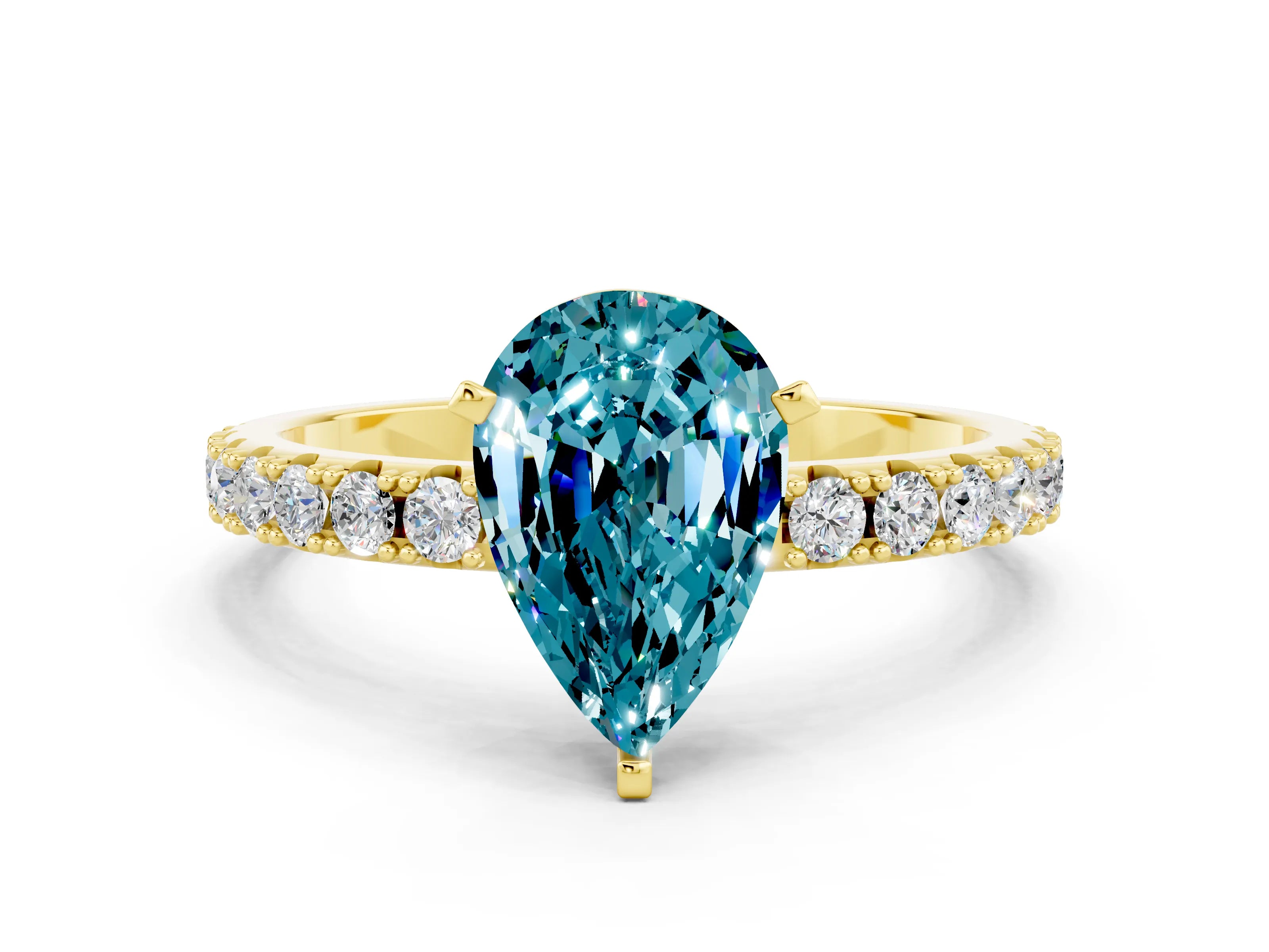 Yellow gold Pear Cut Blue Topaz Solitaire Pavé Band with Four-Prong Setting