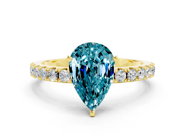 Yellow gold Pear Cut Blue Topaz Solitaire Pavé Band with Four-Prong Setting