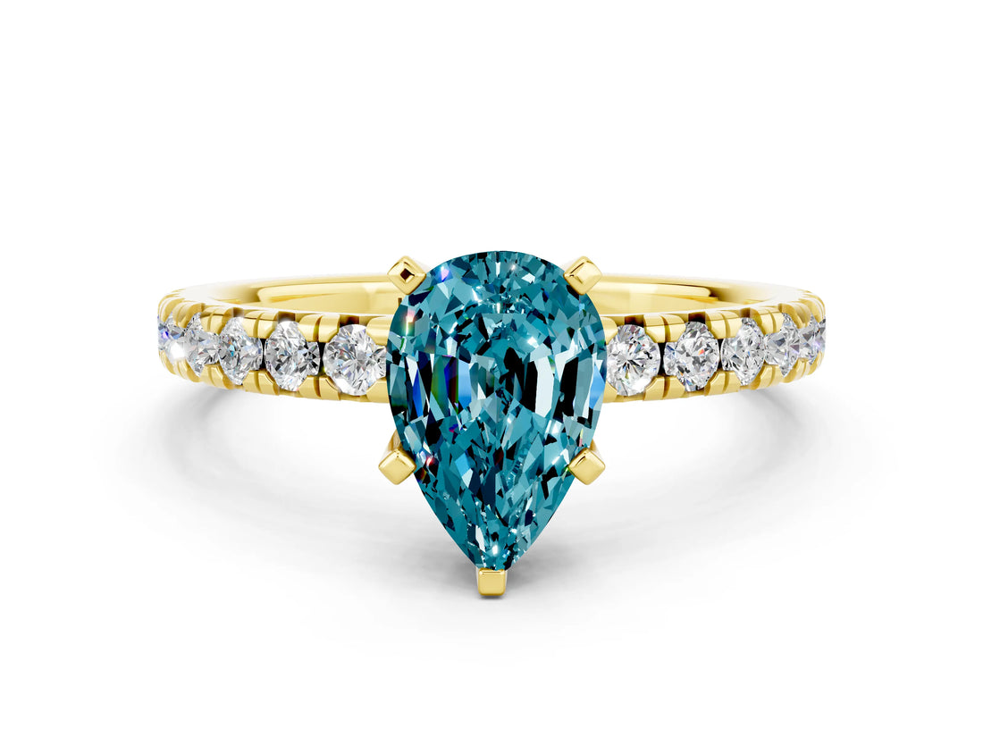 Yellow gold Pear Cut Blue Topaz Solitaire Pavé Engagement Ring with Round Band and Prong Setting_78