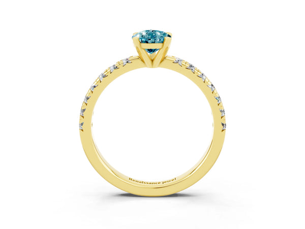 Yellow gold Pear Cut Blue Topaz Solitaire Pavé Engagement Ring with Round Band and Prong Setting