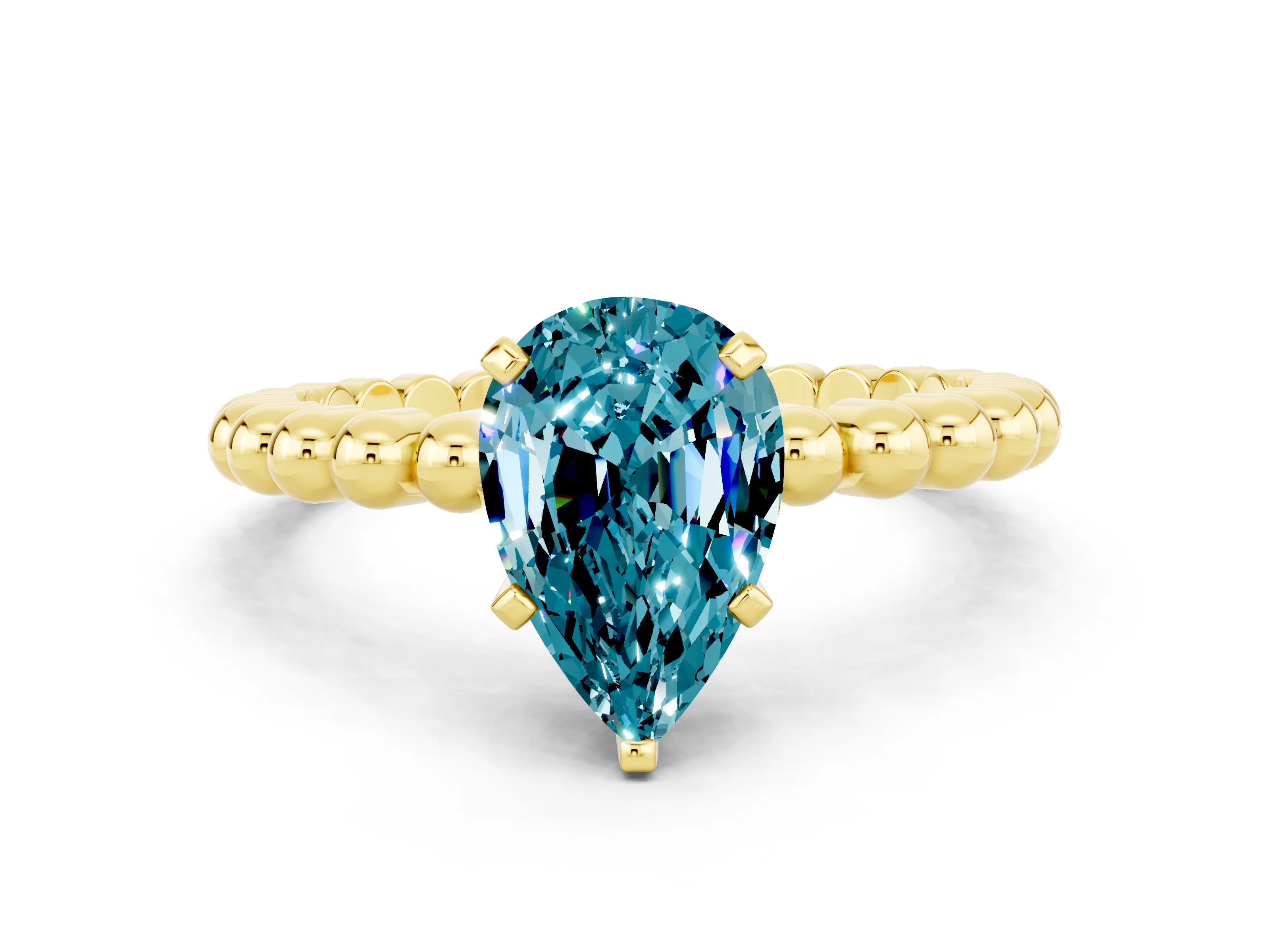 Yellow gold Pear Cut Blue Topaz Solitaire Ring with Beaded Band and Prong Setting
