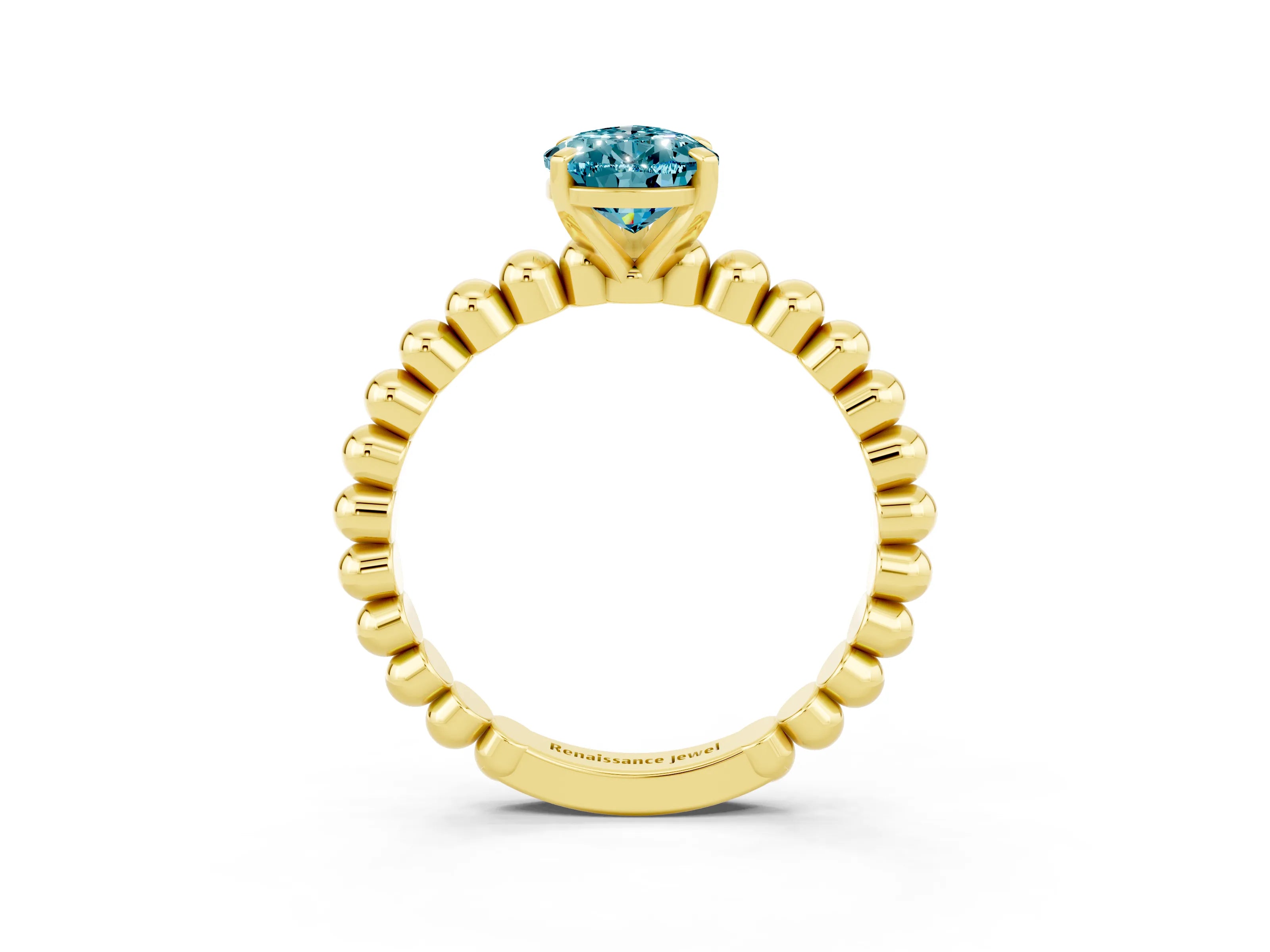 Yellow gold Pear Cut Blue Topaz Solitaire Ring with Beaded Band and Prong Setting_3