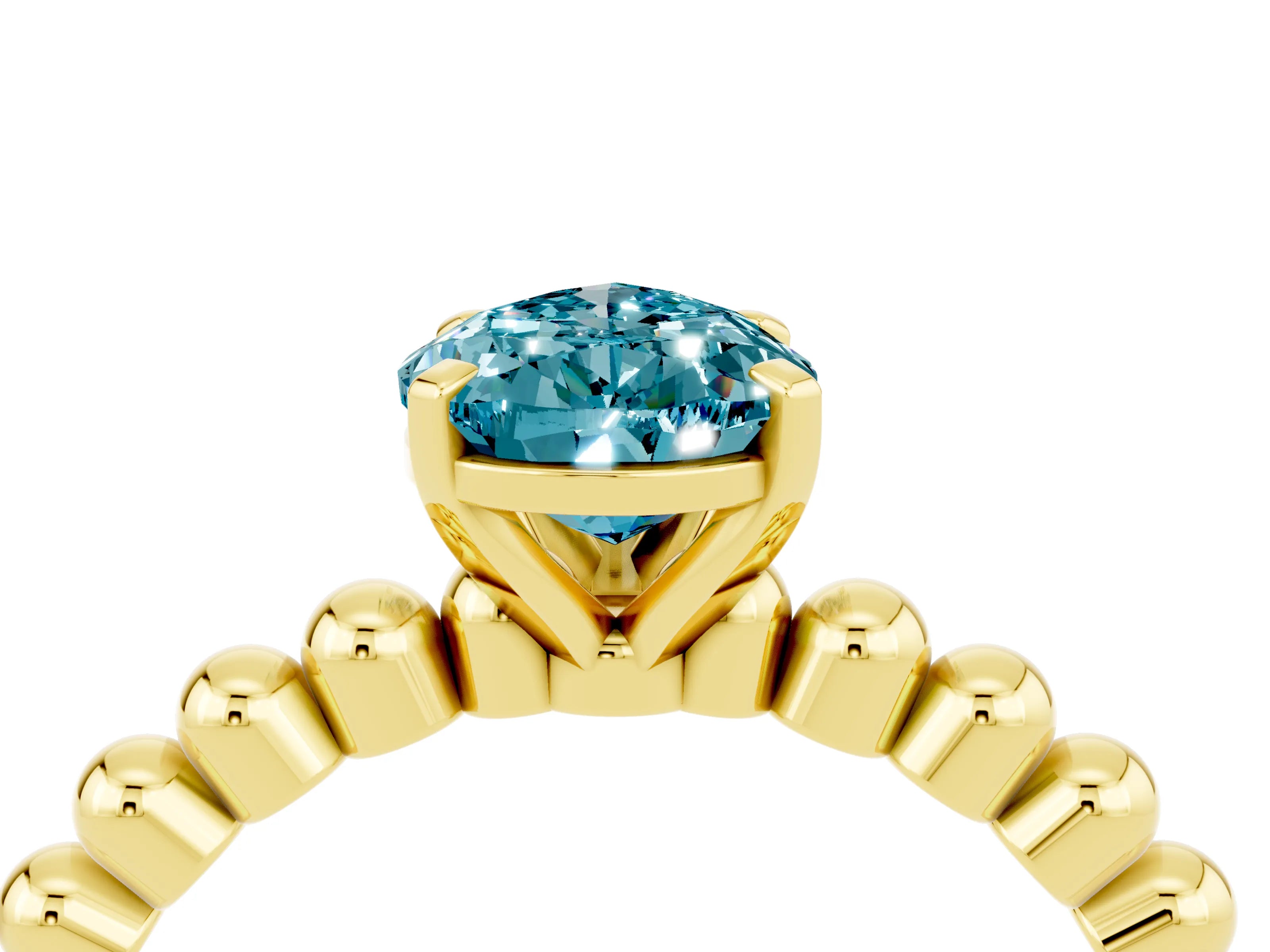 Yellow gold Pear Cut Blue Topaz Solitaire Ring with Beaded Band and Prong Setting_4