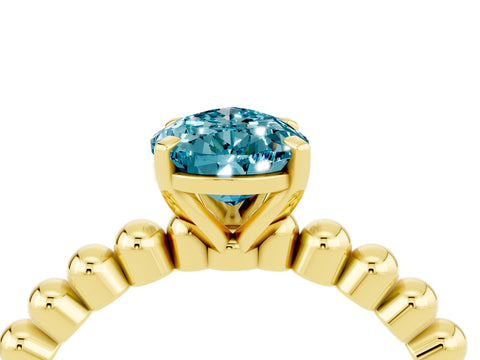 Yellow gold Pear Cut Blue Topaz Solitaire Ring with Beaded Band and Prong Setting_4