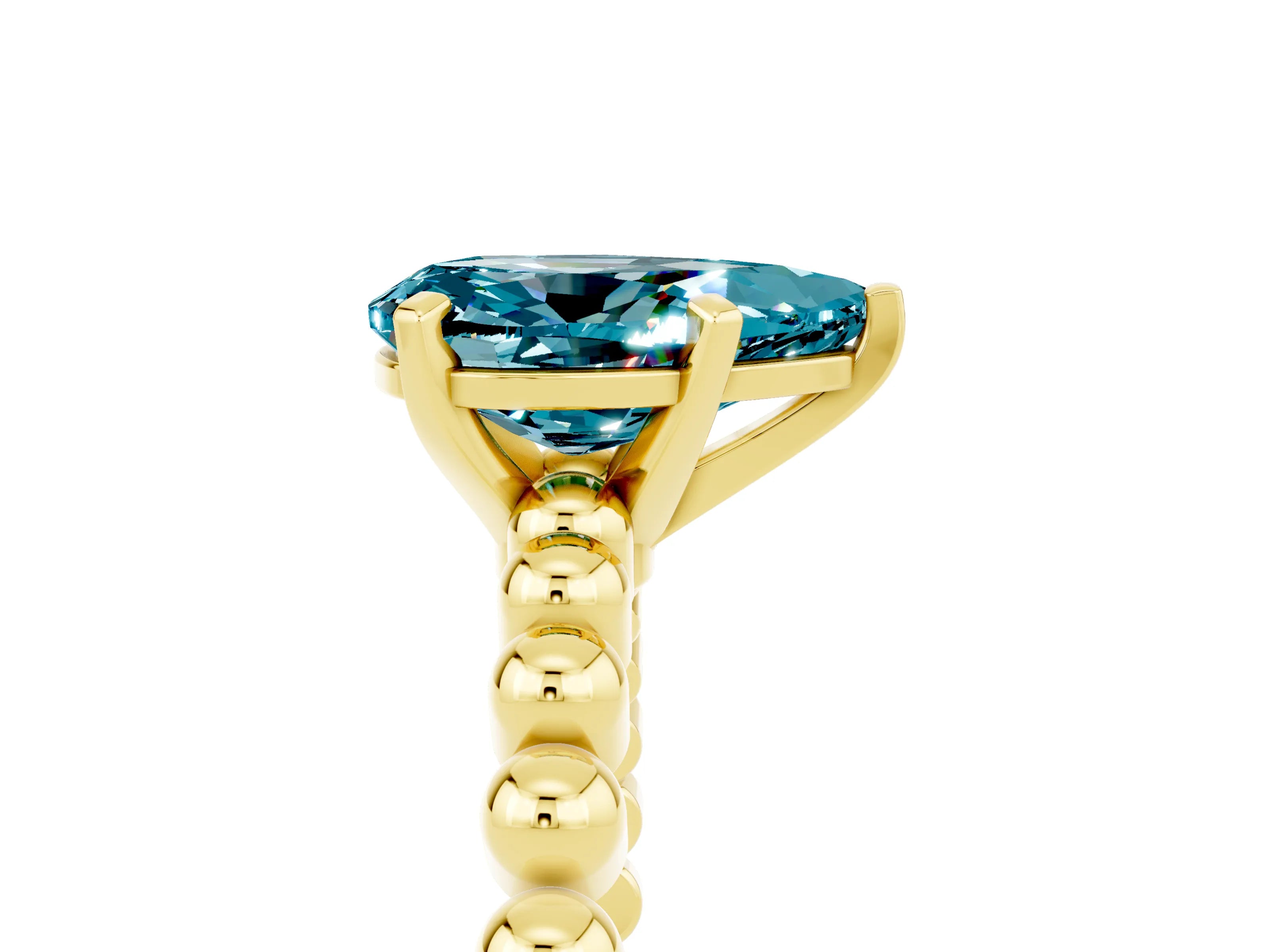 Yellow gold Pear Cut Blue Topaz Solitaire Ring with Beaded Band and Prong Setting_5