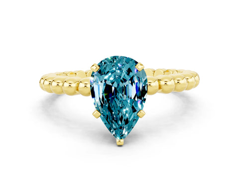 Yellow gold Pear Cut Blue Topaz Solitaire Ring with Beaded Band and Prong Setting
