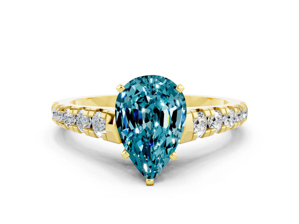 Yellow gold Pear Cut Blue Topaz Cathedral Solitaire Ring with Round  Pavé Band