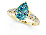 Yellow gold Pear Cut Blue Topaz Solitaire Ring with Cathedral Setting and Pavé Band_1
