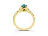 Yellow gold Pear Cut Blue Topaz Solitaire Ring with Cathedral Setting and Pavé Band_3