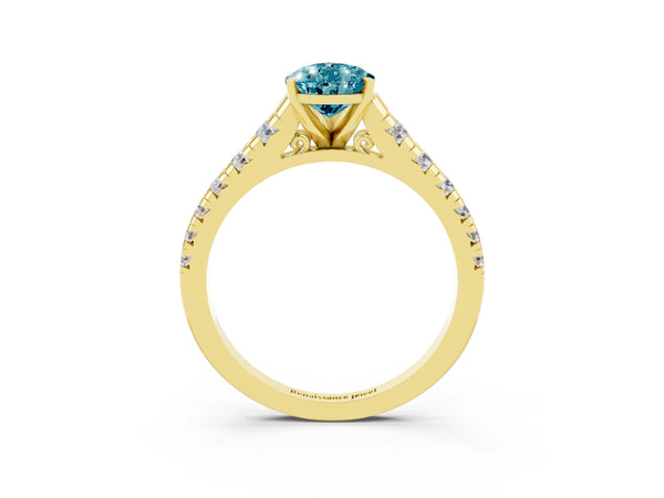 Yellow gold Pear Cut Blue Topaz Cathedral Solitaire Ring with Round  Pavé Band