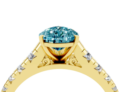 Yellow gold Pear Cut Blue Topaz Solitaire Ring with Cathedral Setting and Pavé Band_4