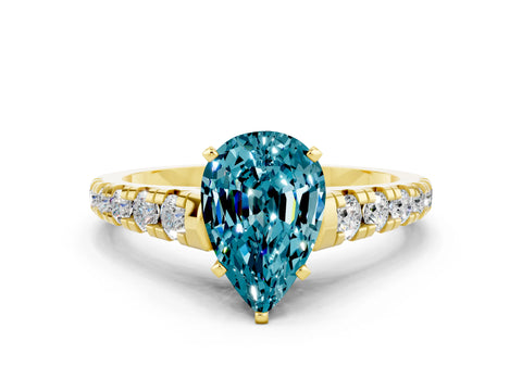 Yellow gold Pear Cut Blue Topaz Solitaire Ring with Cathedral Setting and Pavé Band