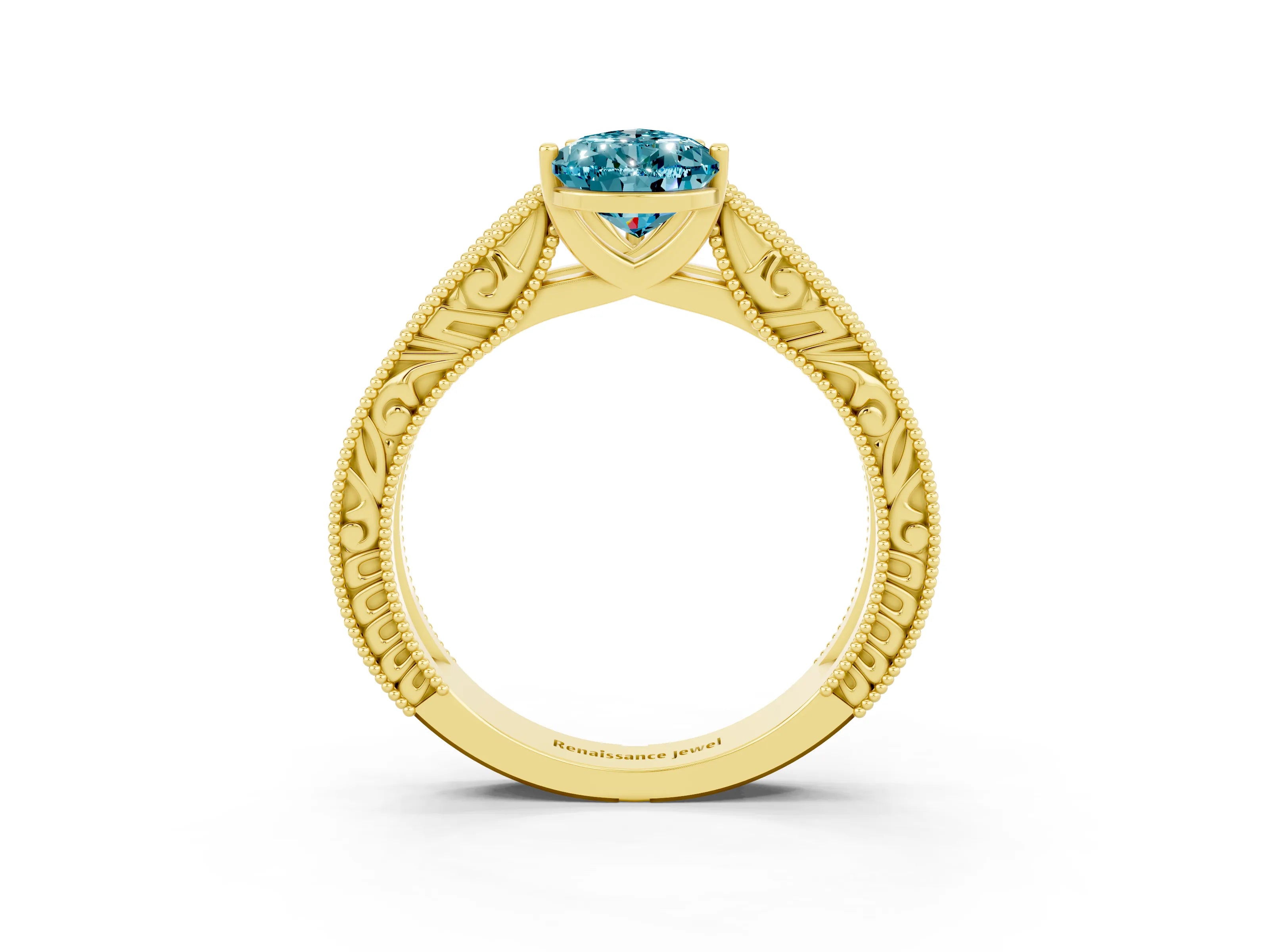 Yellow gold Pear Cut Blue Topaz Solitaire Ring with Engraved Band and Four-Prong Setting_3