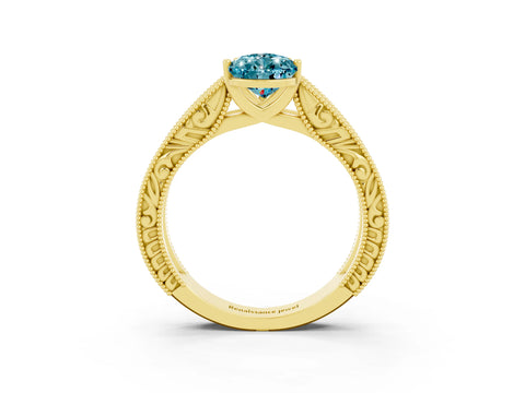 Yellow gold Pear Cut Blue Topaz Solitaire Ring with Engraved Band and Four-Prong Setting_3