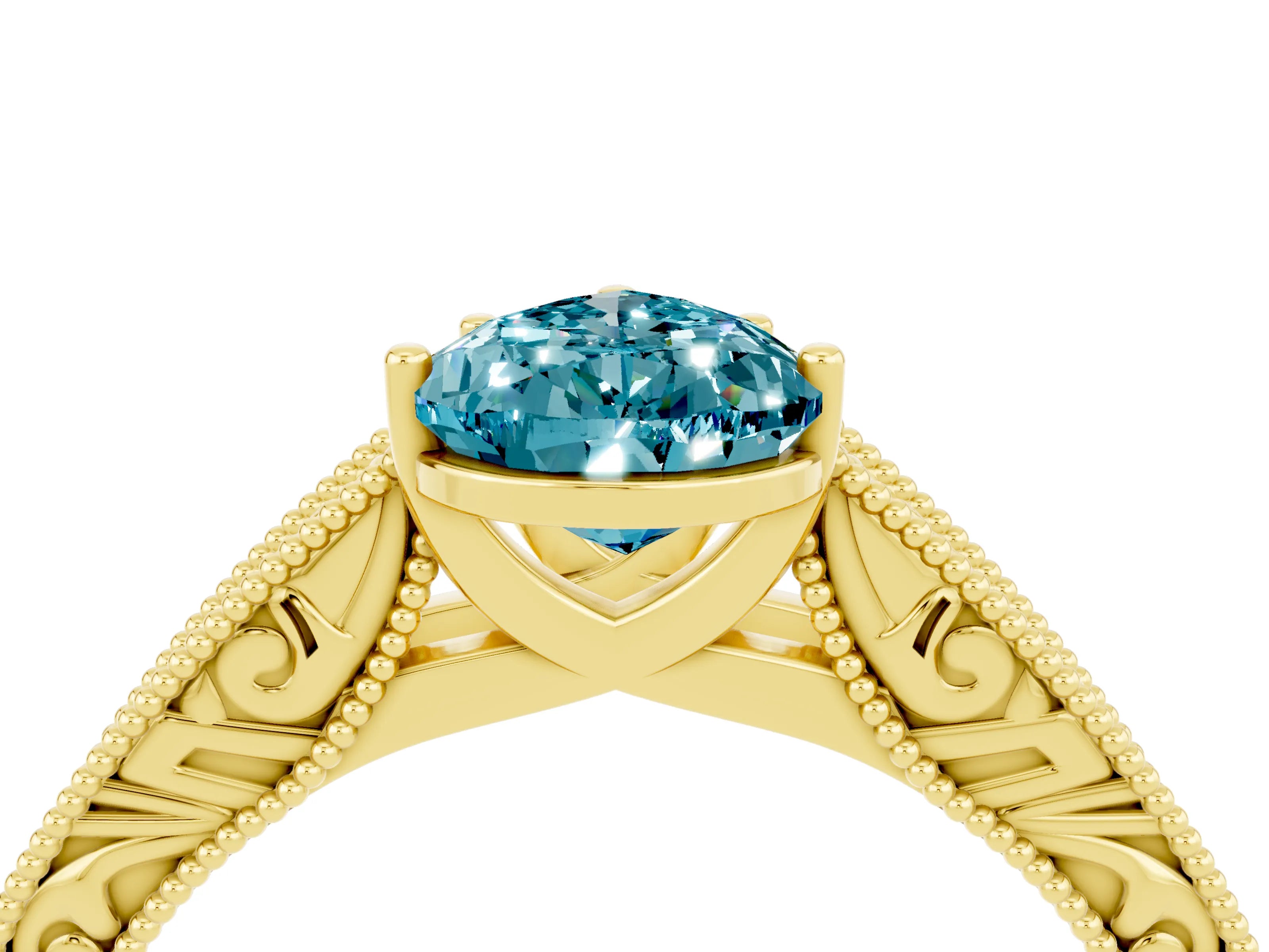 Yellow gold Pear Cut Blue Topaz Solitaire Ring with Engraved Band and Four-Prong Setting_4