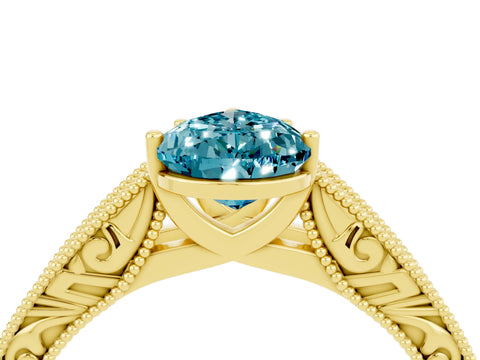 Yellow gold Pear Cut Blue Topaz Solitaire Ring with Engraved Band and Four-Prong Setting_4