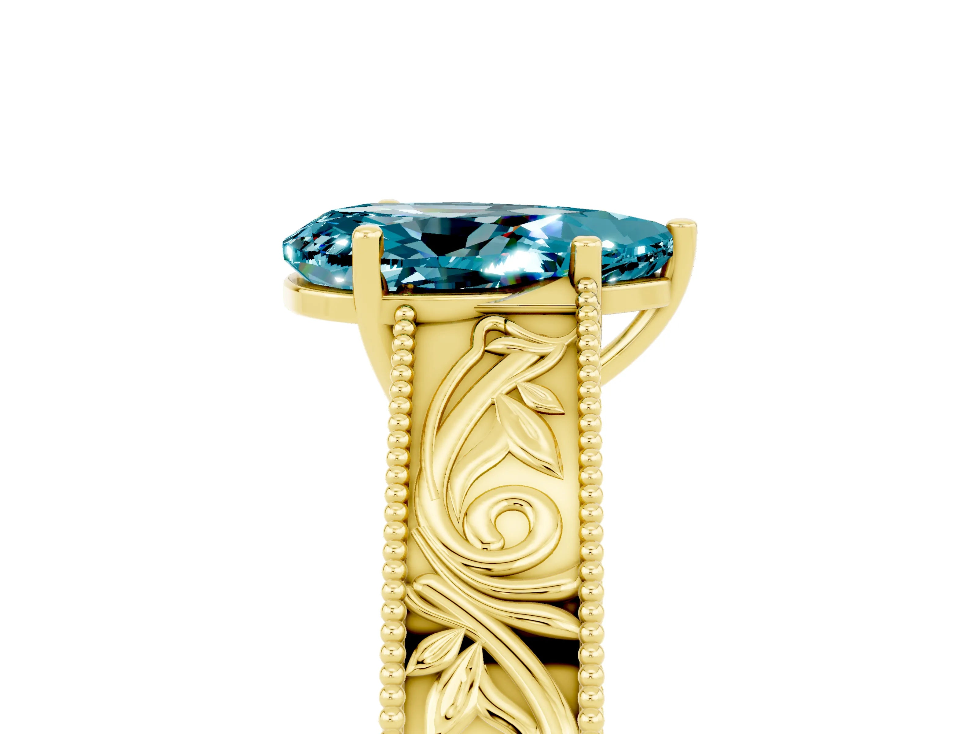 Yellow gold Pear Cut Blue Topaz Solitaire Ring with Engraved Band and Four-Prong Setting_5