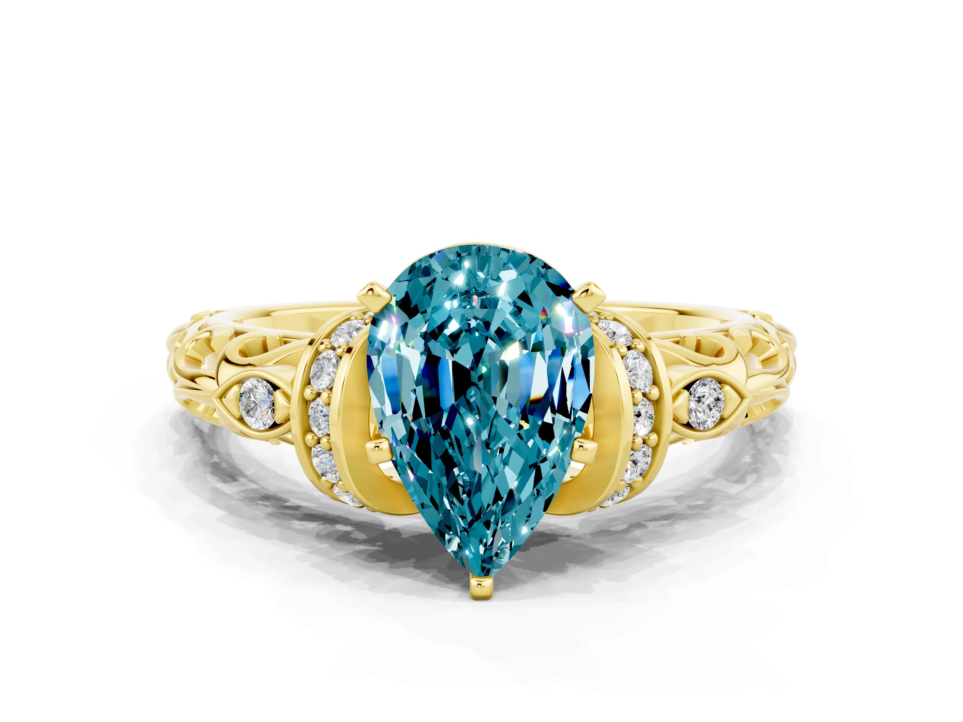 Yellow gold Pear Cut Blue Topaz Solitaire Ring with Filigree Band and Four-Prong Setting_24