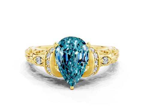 Yellow gold Pear Cut Blue Topaz Solitaire Ring with Filigree Band and Four-Prong Setting_24