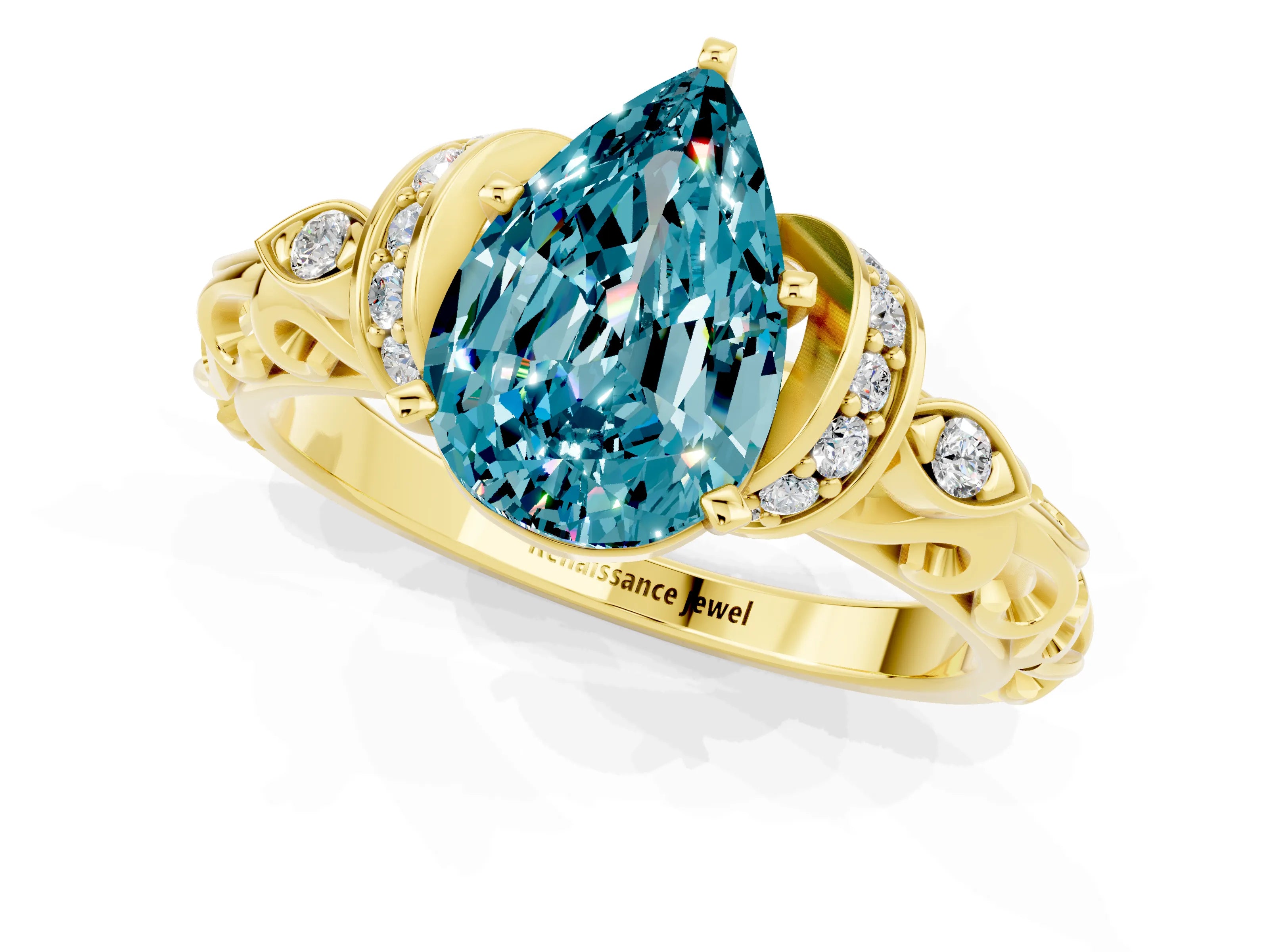 Yellow gold Pear Cut Blue Topaz Solitaire Ring with Filigree Band and Four-Prong Setting_25
