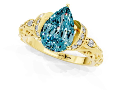 Yellow gold Pear Cut Blue Topaz Solitaire Ring with Filigree Band and Four-Prong Setting_25