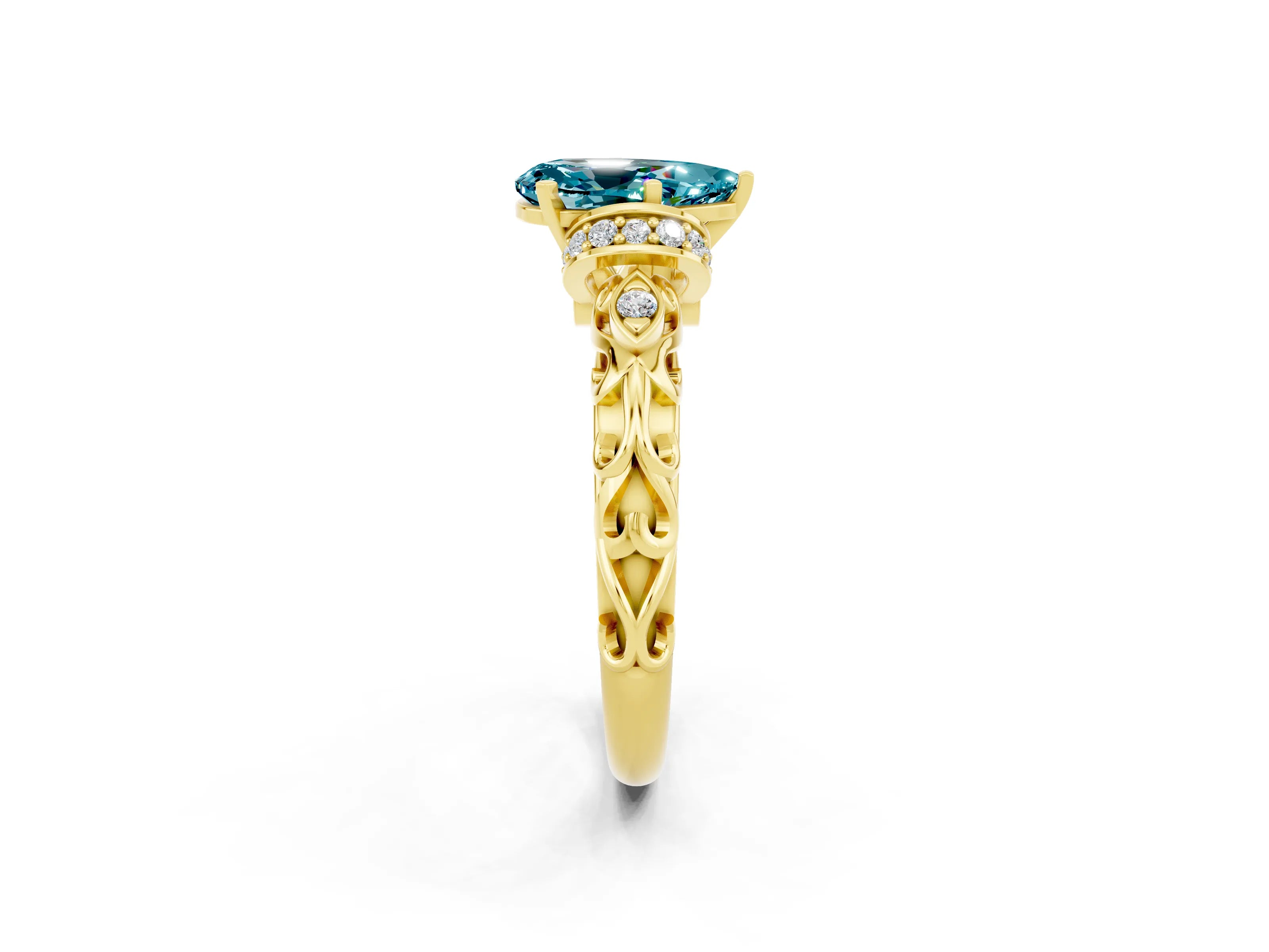 Yellow gold Pear Cut Blue Topaz Solitaire Ring with Filigree Band and Four-Prong Setting_26