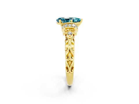 Yellow gold Pear Cut Blue Topaz Solitaire Ring with Filigree Band and Four-Prong Setting_26