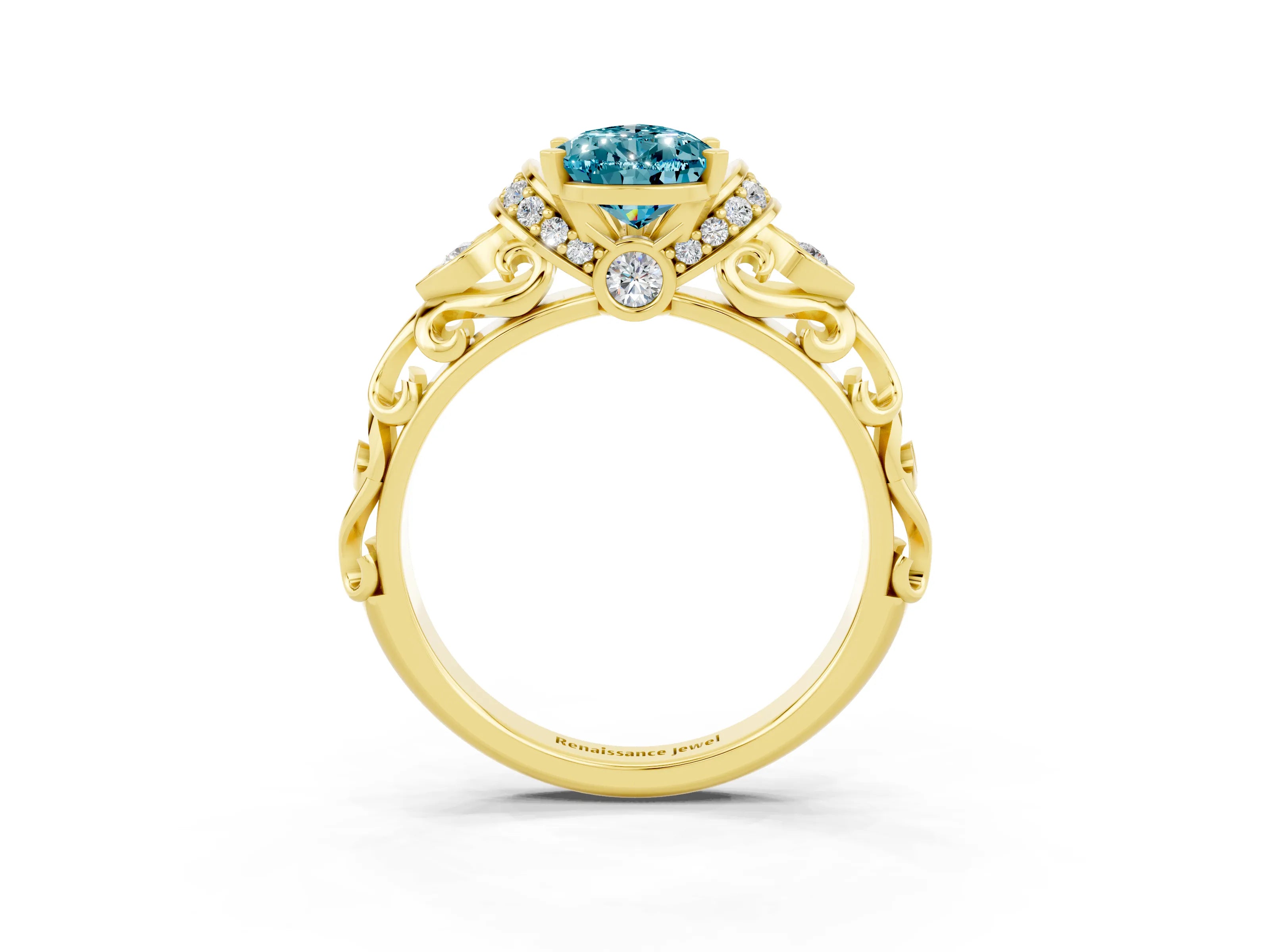 Yellow gold Pear Cut Blue Topaz Solitaire Ring with Filigree Band and Four-Prong Setting_27
