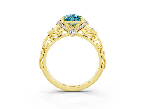 Yellow gold Pear Cut Blue Topaz Solitaire Ring with Filigree Band and Four-Prong Setting_27