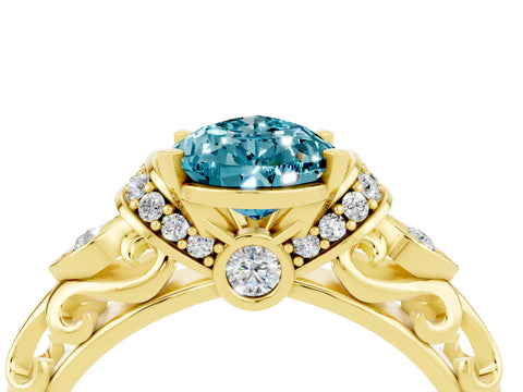 Yellow gold Pear Cut Blue Topaz Solitaire Ring with Filigree Band and Four-Prong Setting_28