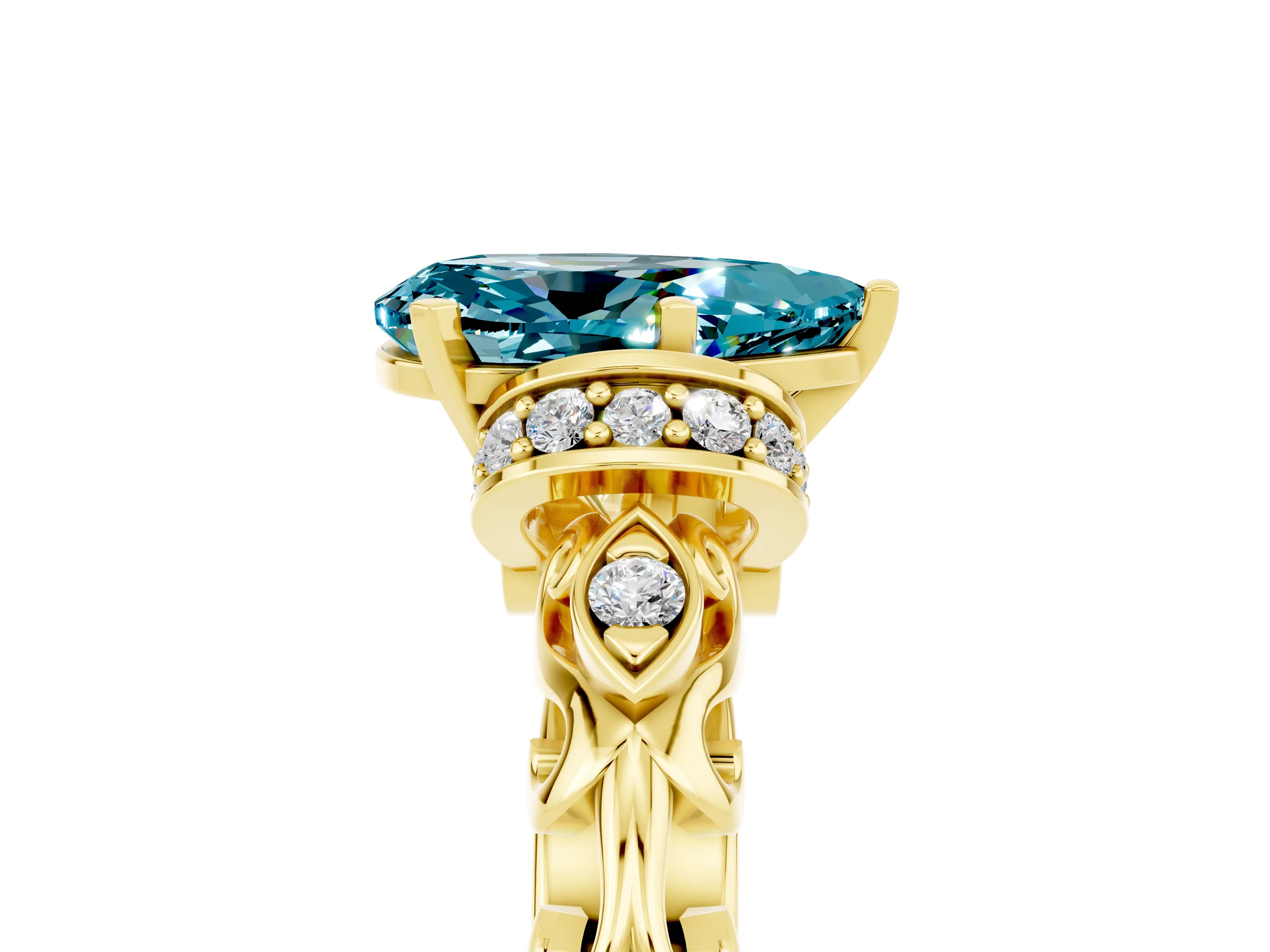 Yellow gold Pear Cut Blue Topaz Solitaire Ring with Filigree Band and Four-Prong Setting_29
