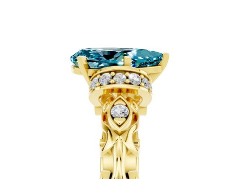 Yellow gold Pear Cut Blue Topaz Solitaire Ring with Filigree Band and Four-Prong Setting_29