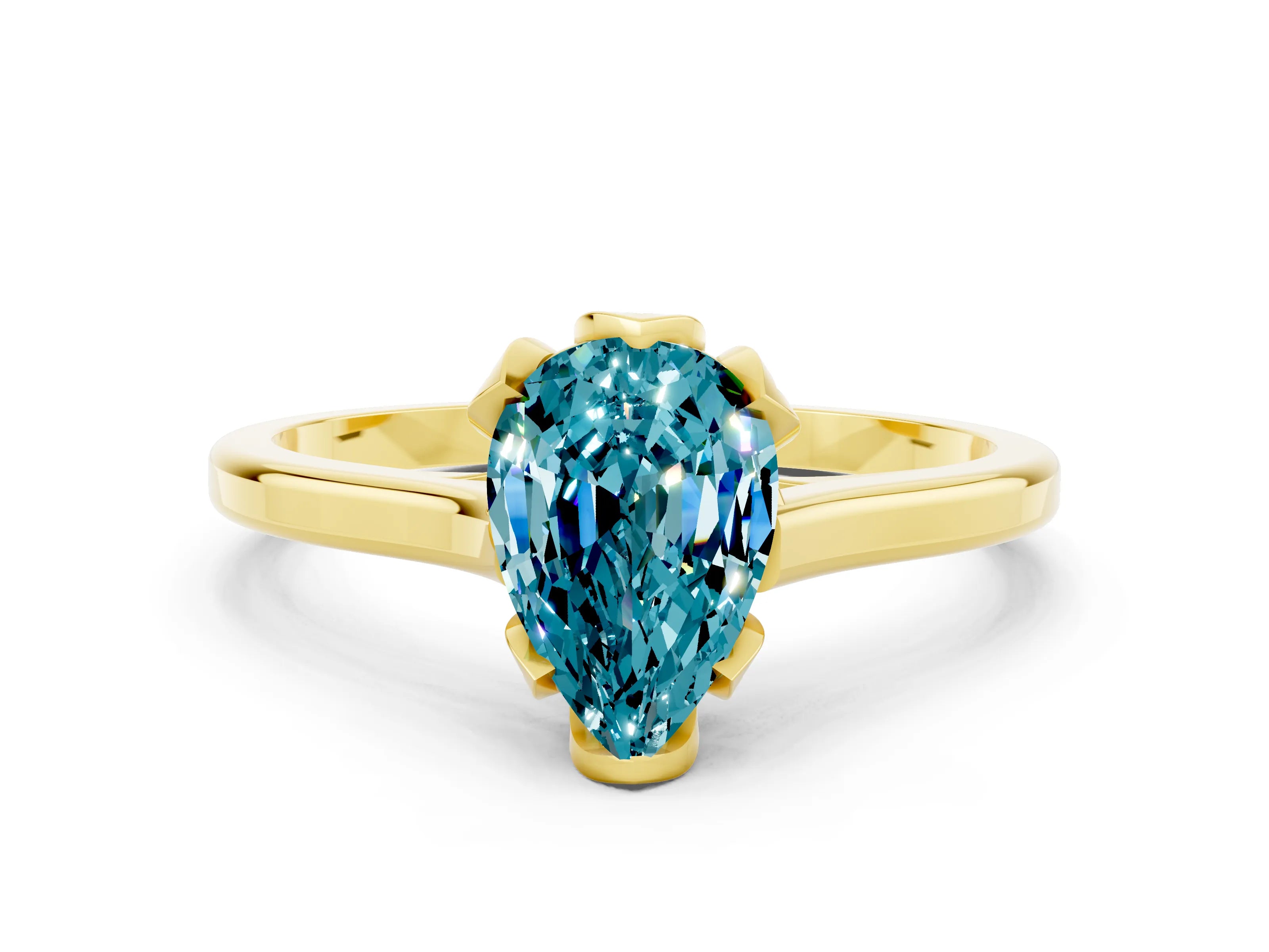 Yellow gold Pear Cut Blue Topaz Solitaire Ring with Flower Prong Setting and Classic Band_12