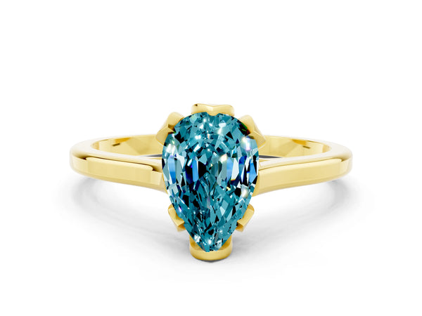 Yellow gold Pear Cut Blue Topaz Solitaire Ring with Flower Prong Setting and Classic Band