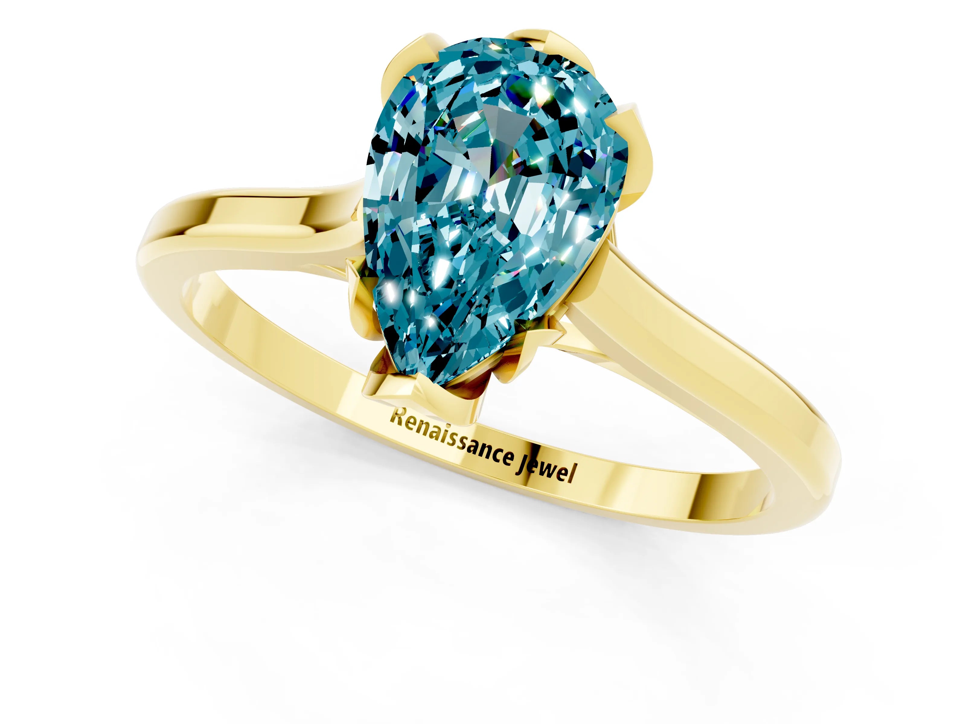 Yellow gold Pear Cut Blue Topaz Solitaire Ring with Flower Prong Setting and Classic Band_13