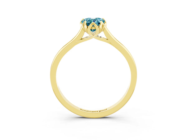 Yellow gold Pear Cut Blue Topaz Solitaire Ring with Flower Prong Setting and Classic Band