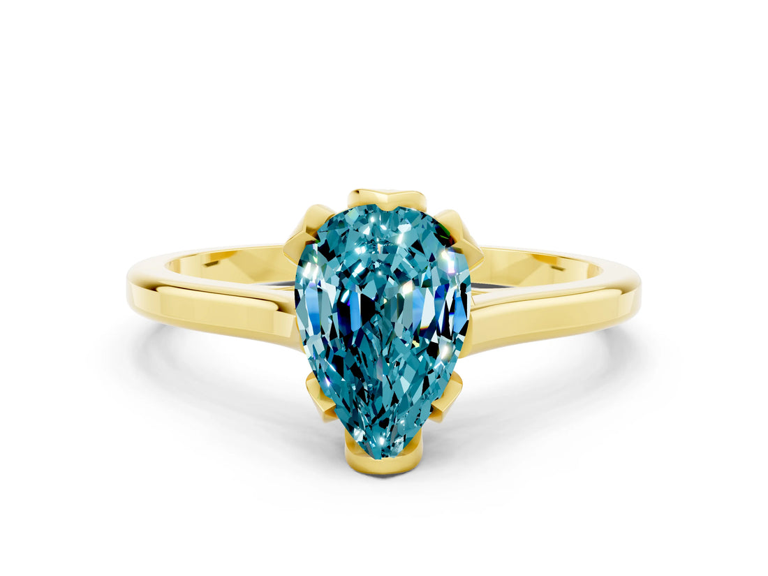 Yellow gold Pear Cut Blue Topaz Solitaire Ring with Flower Prong Setting and Classic Band_36
