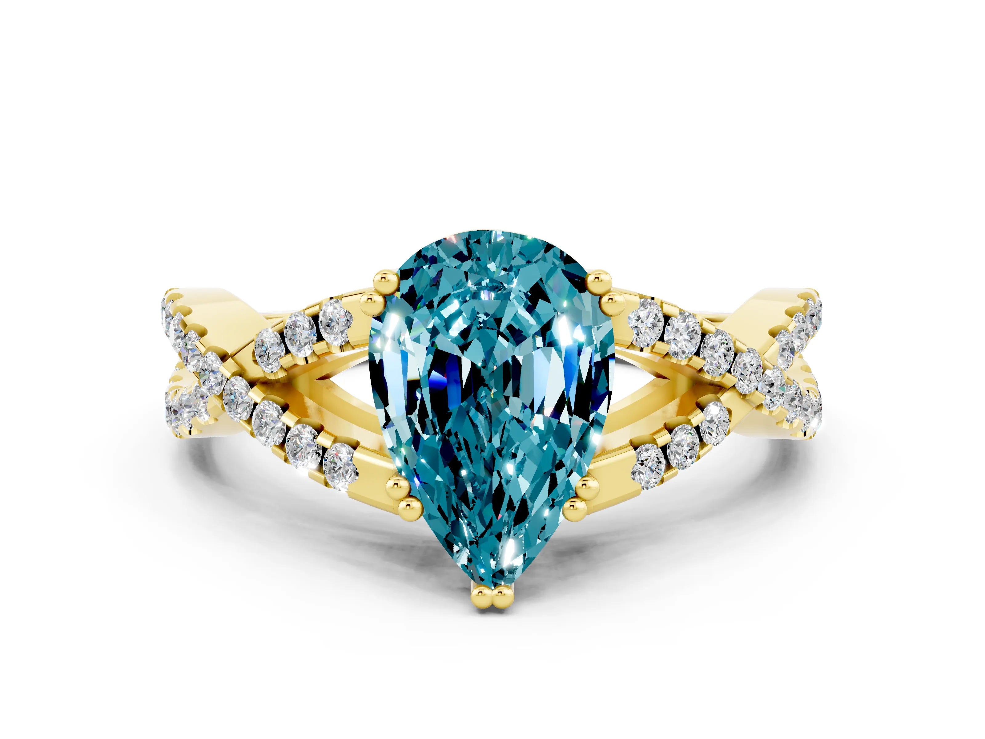 Yellow gold Pear Cut Blue Topaz Solitaire Ring with Four-Prong Setting and Twisted Pavé Band