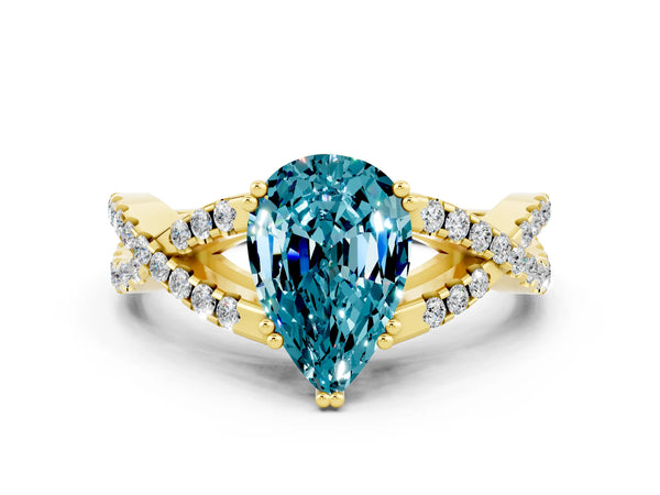 Yellow gold Pear Cut Blue Topaz Solitaire Ring with Four-Prong Setting and Twisted Pavé Band